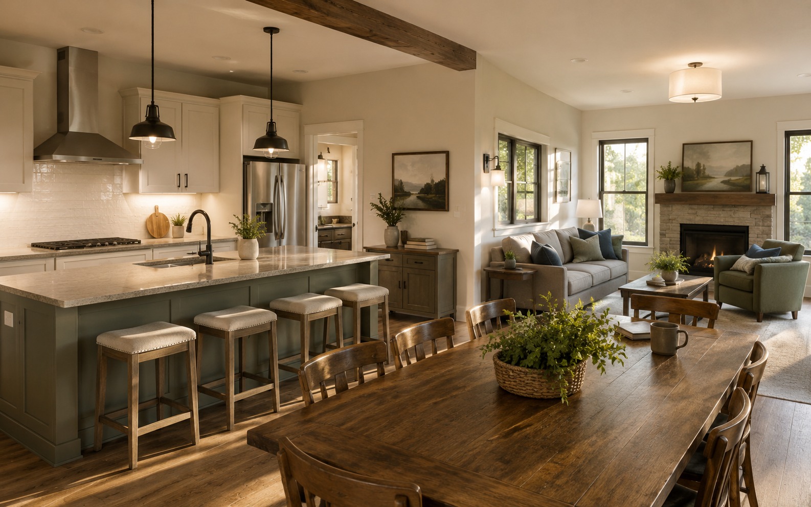 Open-plan kitchen and common area shown as conceptual residence imagery
